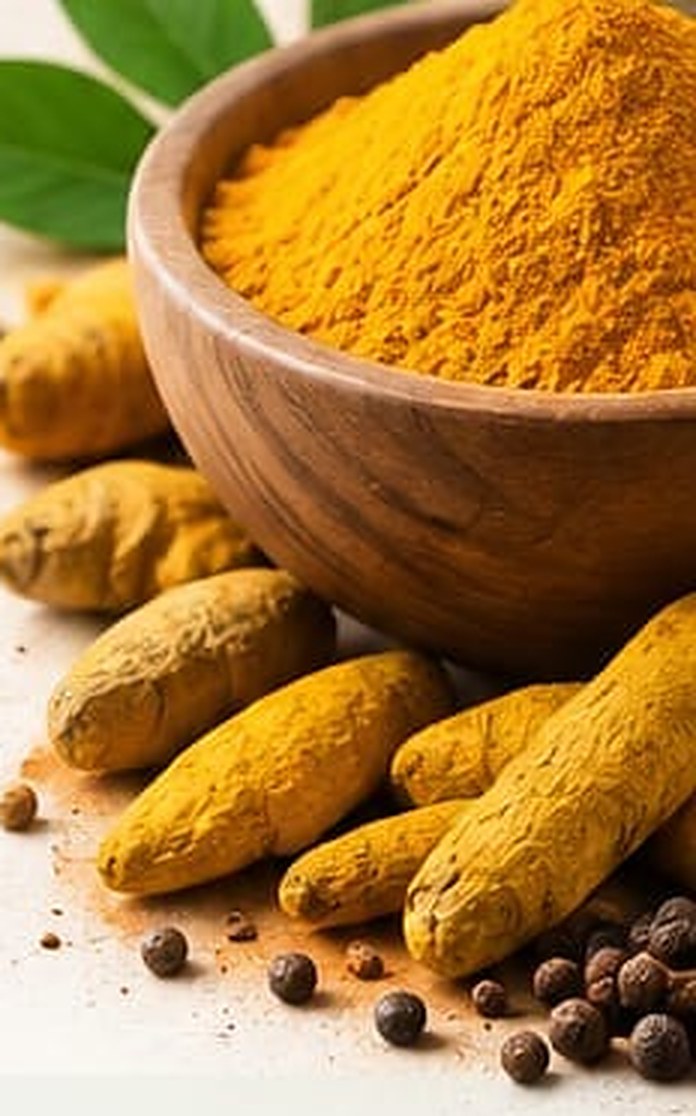 Turmeric powder in a wooden bowl with turmeric fingers